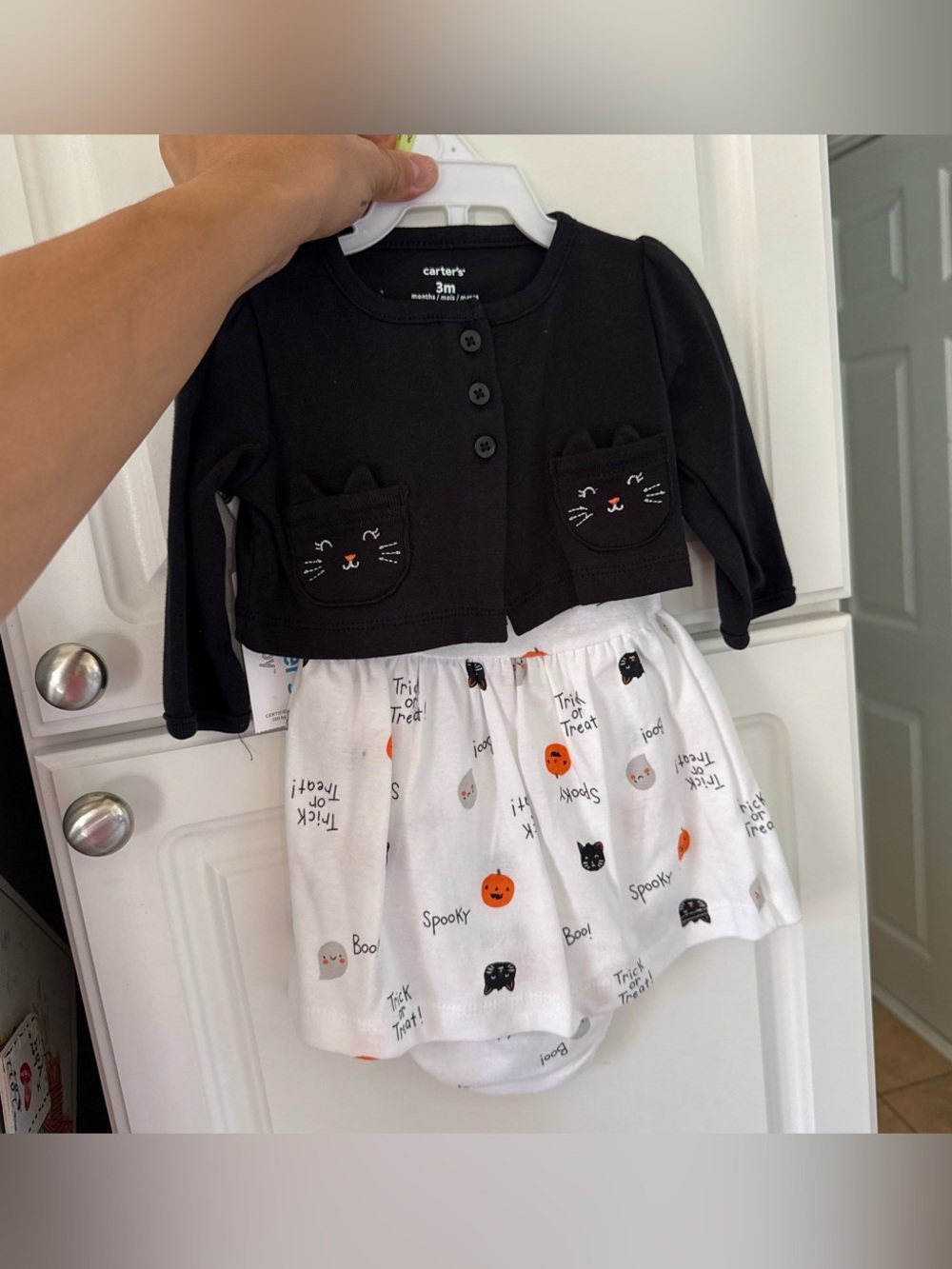 Carter's Black Cat Pocket Cardigan with White Halloween Skirted Bottoms